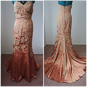 Tan beige lace beaded Jovani prom pageant dress